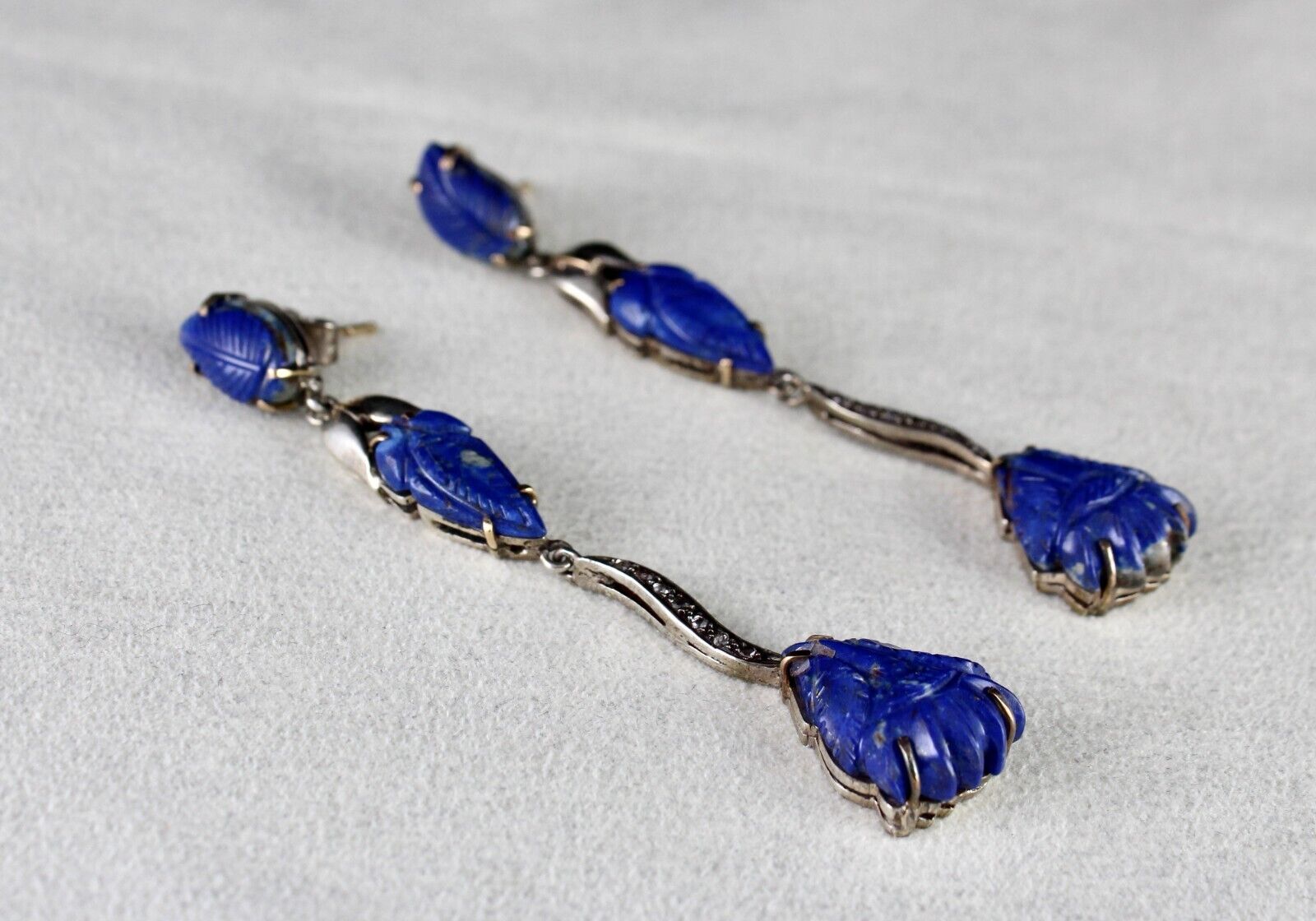 NATURAL LAPIS LAZULI CARVED LEAF DIAMOND 18K GOLD 925 SILVER VICTORIAN EARRING