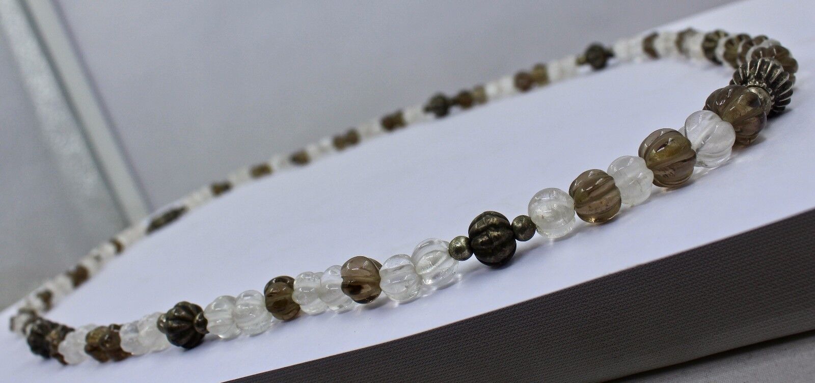 ESTATE SMOKY & CRYSTAL QUARTZ 925 STERLING SILVER BEADS 25"LONG FASHION NECKLACE