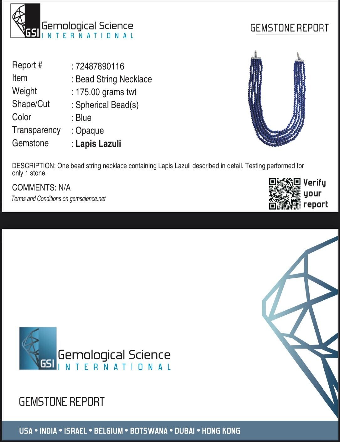 Natural Blue Lapis Lazuli Beads Round 9mm 5 L 851 Ct Certified Gemstone Necklace
