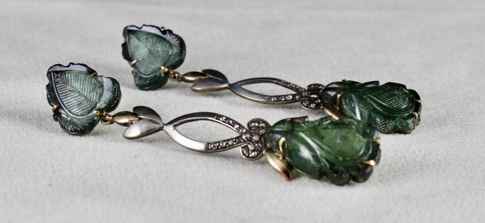 Natural Green Tourmaline Stone Diamond 18k Gold Silver Dangle Victorian Earring