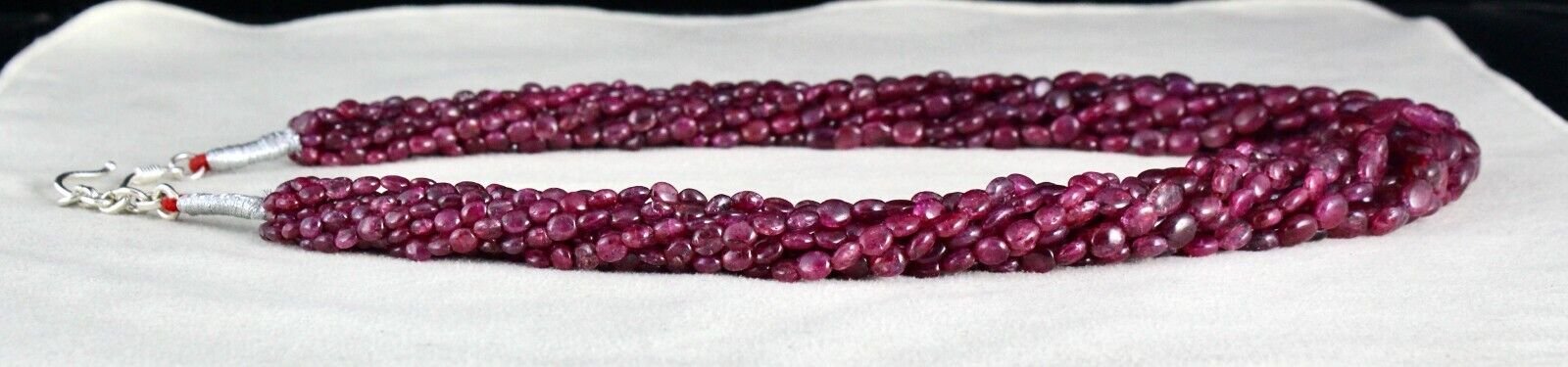 RUBY CORUNDUM BEADS LONG 11 LINE 850 CARATS OLD DYED GEMSTONE SILVER NECKLACE