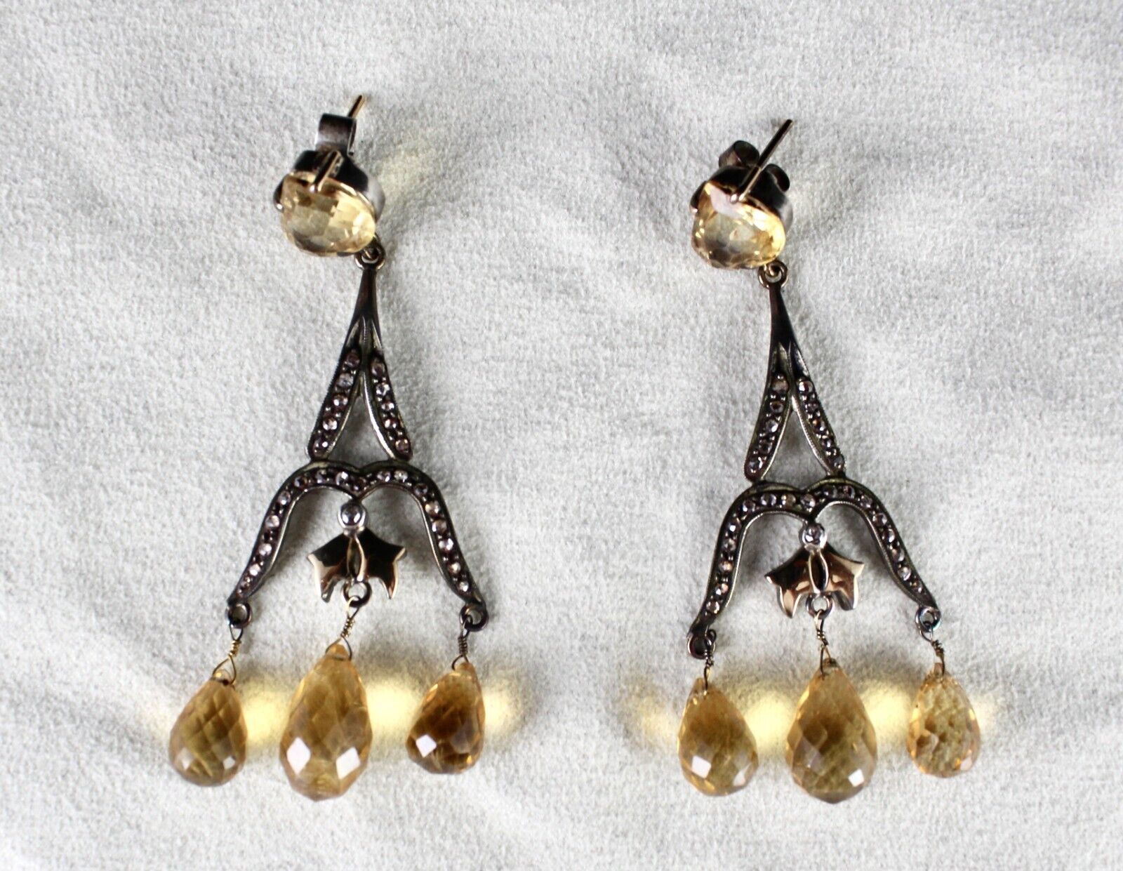 NATURAL CITRINE CUT DROPS DIAMOND 18K GOLD & 925 SILVER VICTORIAN ESTATE EARRING