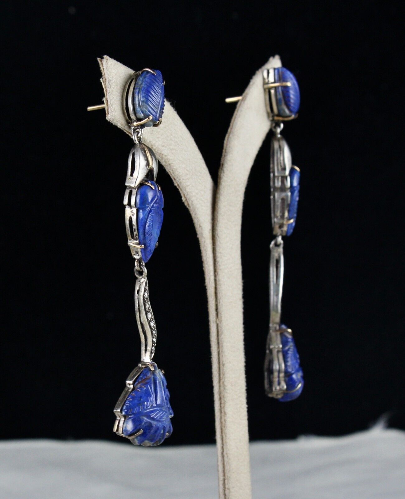 NATURAL LAPIS LAZULI CARVED LEAF DIAMOND 18K GOLD 925 SILVER VICTORIAN EARRING