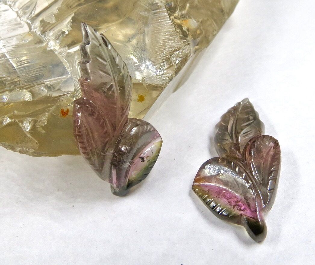 NATURAL MULTI TOURMALINE CARVED LEAVES 2 PCS 35.75 CARATS GEMSTONE EARRING