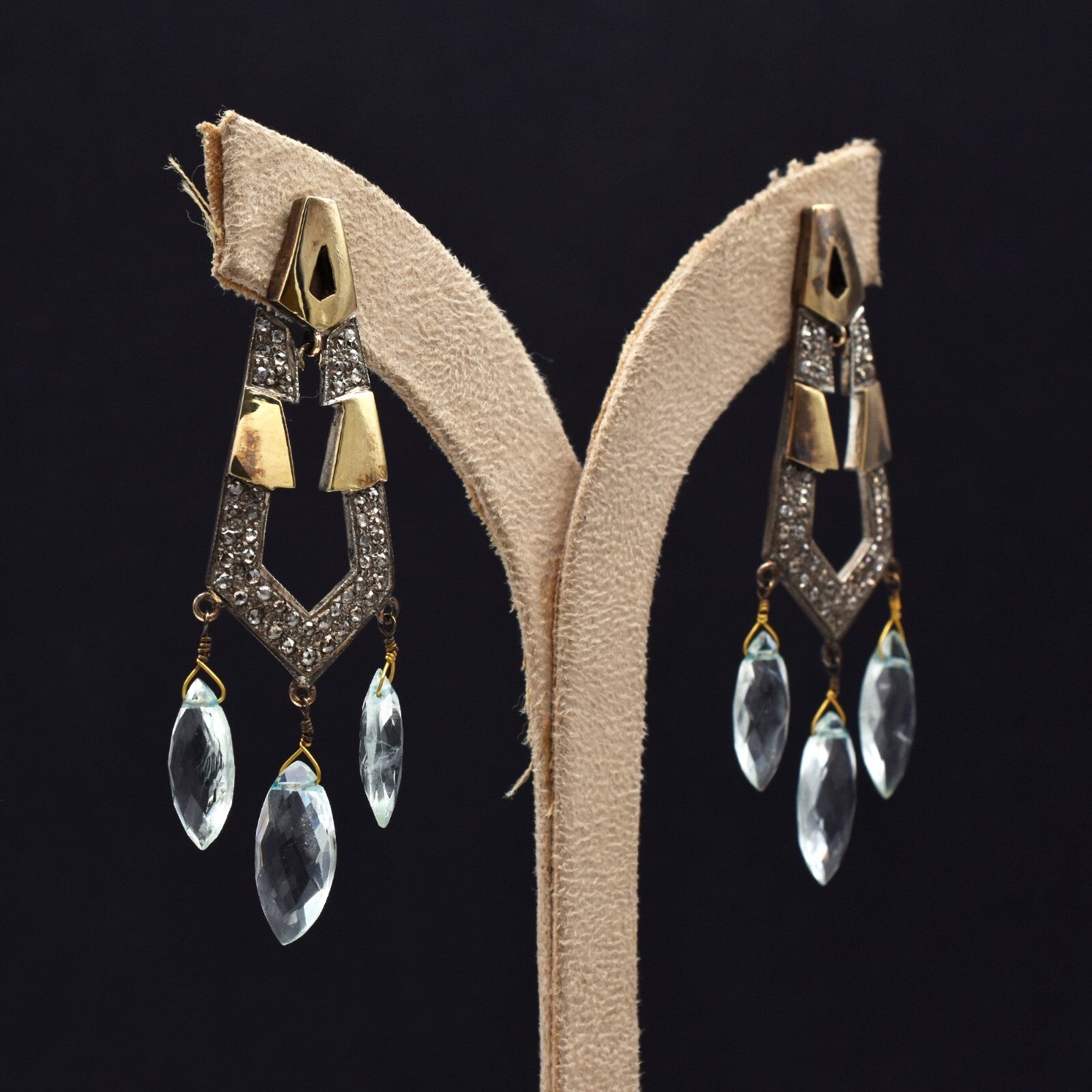 Vintage Natural Blue Aquamarine Diamond 57.5ct 18k Gold Sterling Silver Earrings