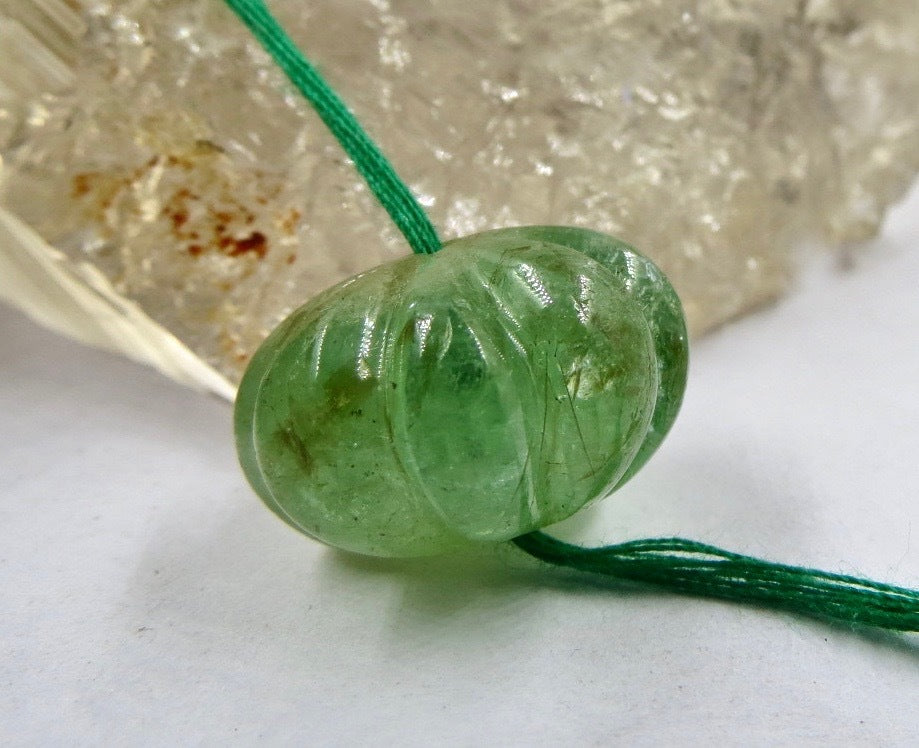 Certified Natural Emerald Melon Carved Bead 18x13mm 29.75 Ct Pendant, Drilled