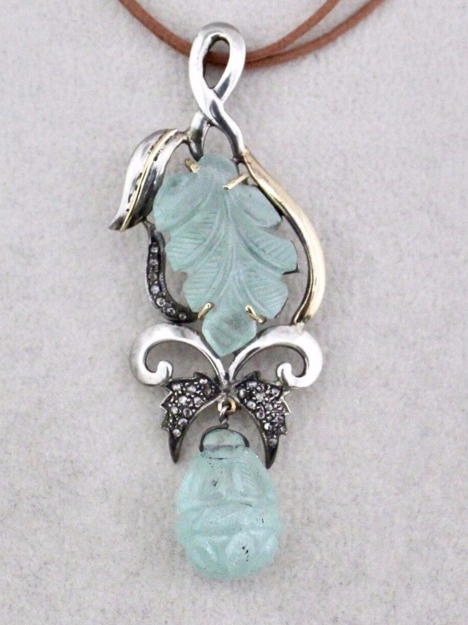Certified Aquamarine 10ct Natural Diamond 18k Sterling Silver Victorian Pendant