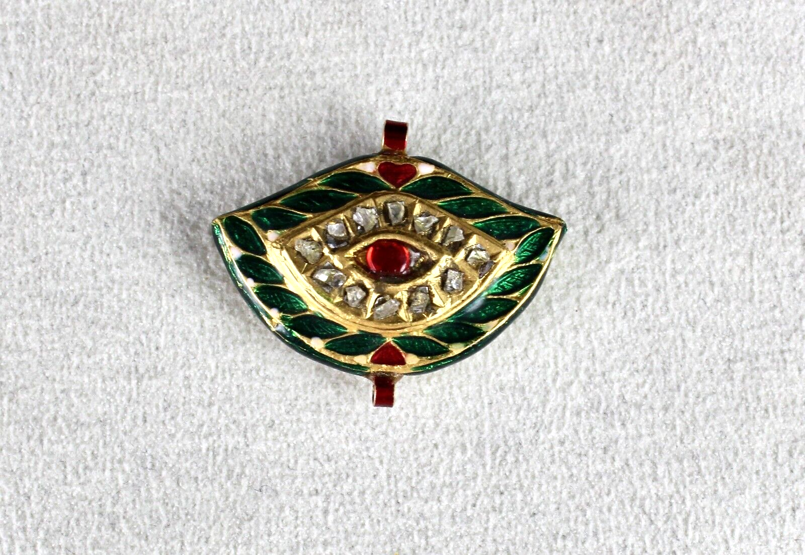 Vintage 22k Kundan Meena Gold Pendant Jadau Green Red Natural Diamond 62.75ct