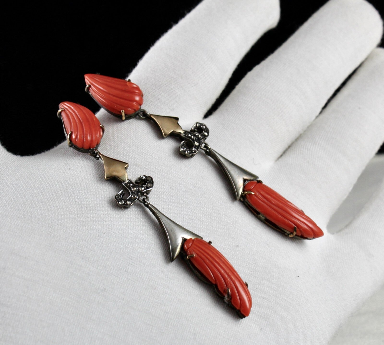 Certified Estate Red Coral 10ct Natural Diamond 18k And Sterling Silver Earrings