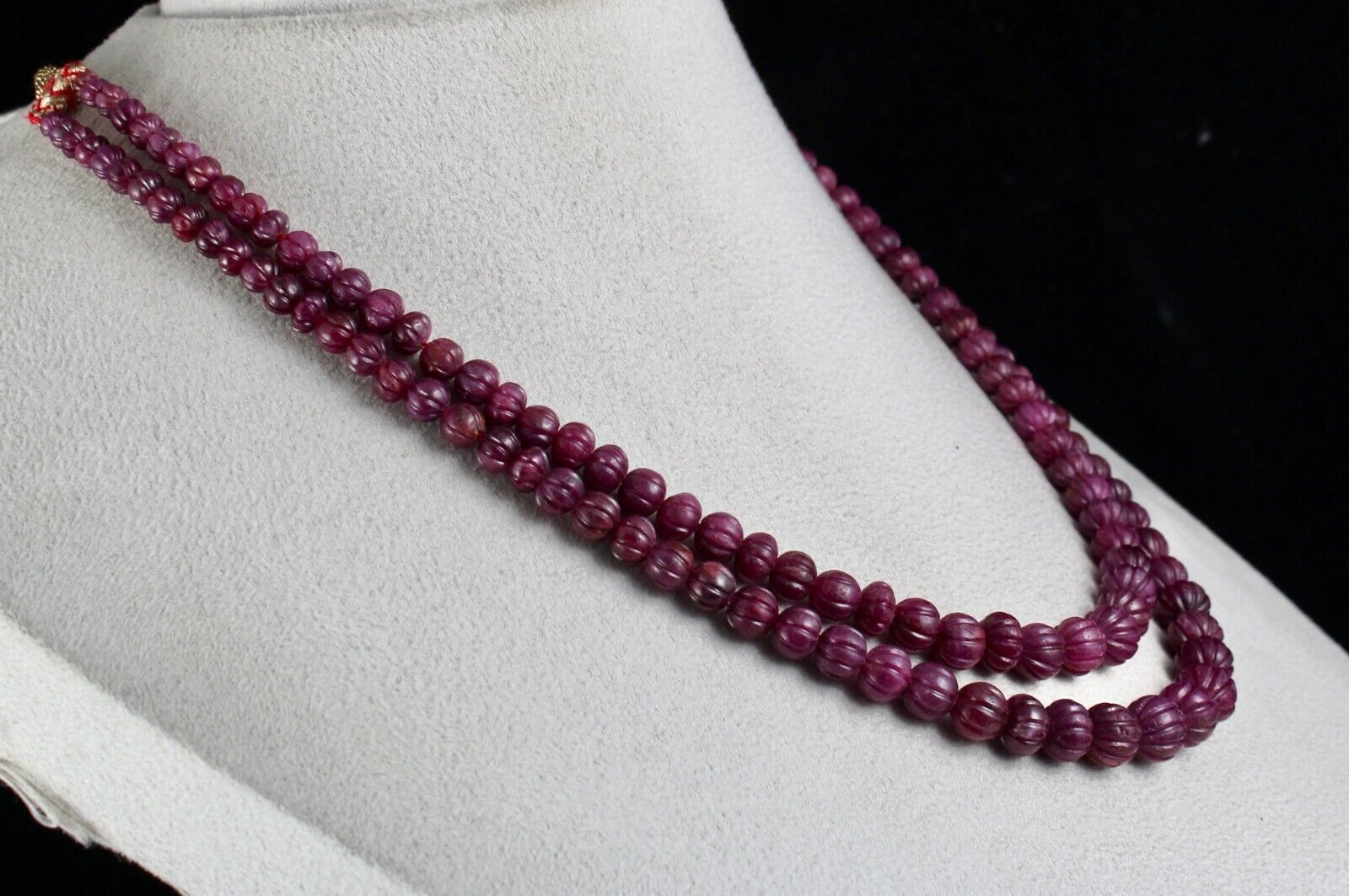 FINE NATURAL RUBY BEADS CARVED MELON 2 LINE 403 CARAT PRECIOUS GEMSTONE NECKLACE