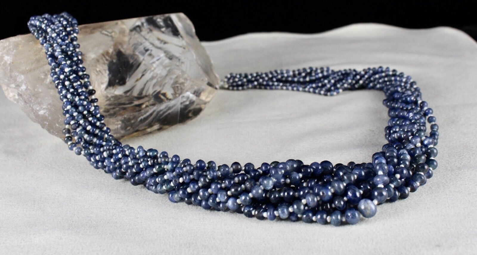 Certified Blue Sapphire & Pearl Round Beaded Necklace -11 L/649 Ct /Silver Clasp