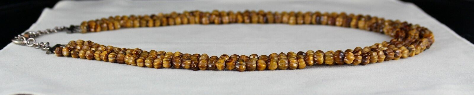 NATURAL TIGER EYE BEADS CARVED 3 LINE 593 CTS GEMSTONE LADIES ANTIQUE NECKLACE