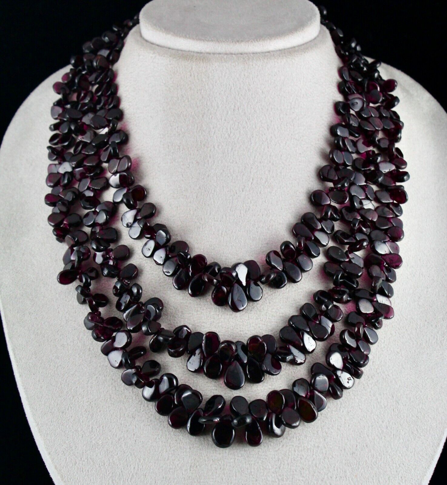 NATURAL RED GARNET BEADS FANCY PEAR 3 LINE 1248 CARATS GEMSTONE FINE NECKLACE