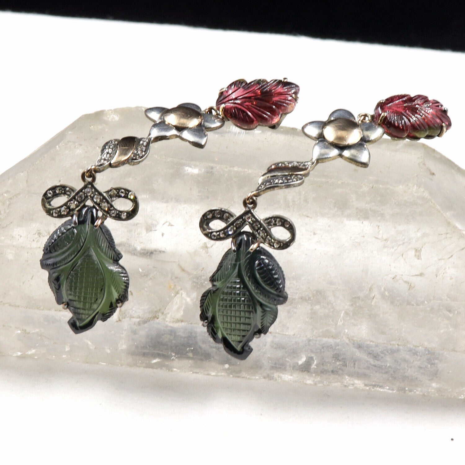 Natural Multi Tourmaline Carved Diamond 18K Gold Silver Victorian Fine Earring