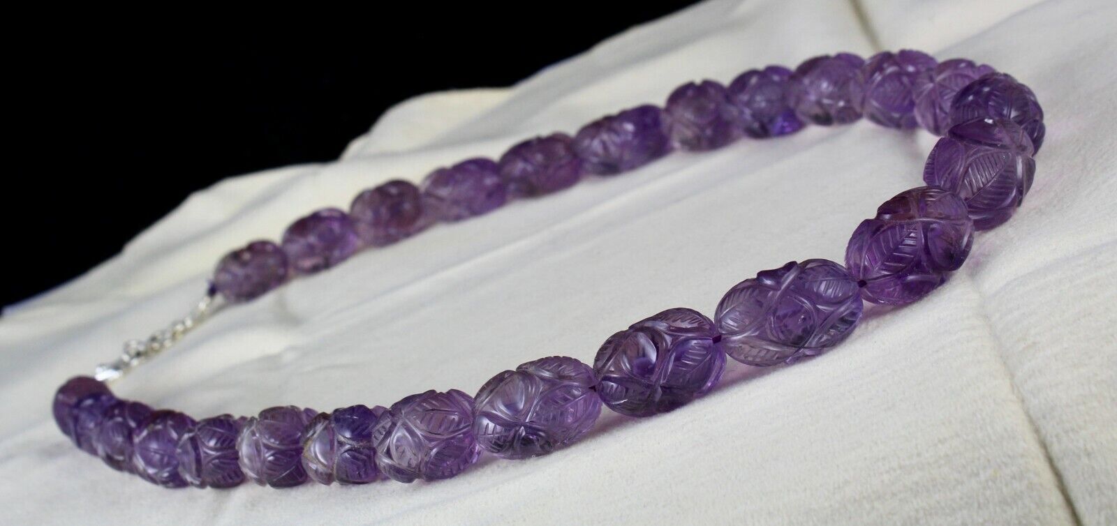 Natural Amethyst Engraved Beads 860 Ct Purple Gemstone Silver Vintage Necklace