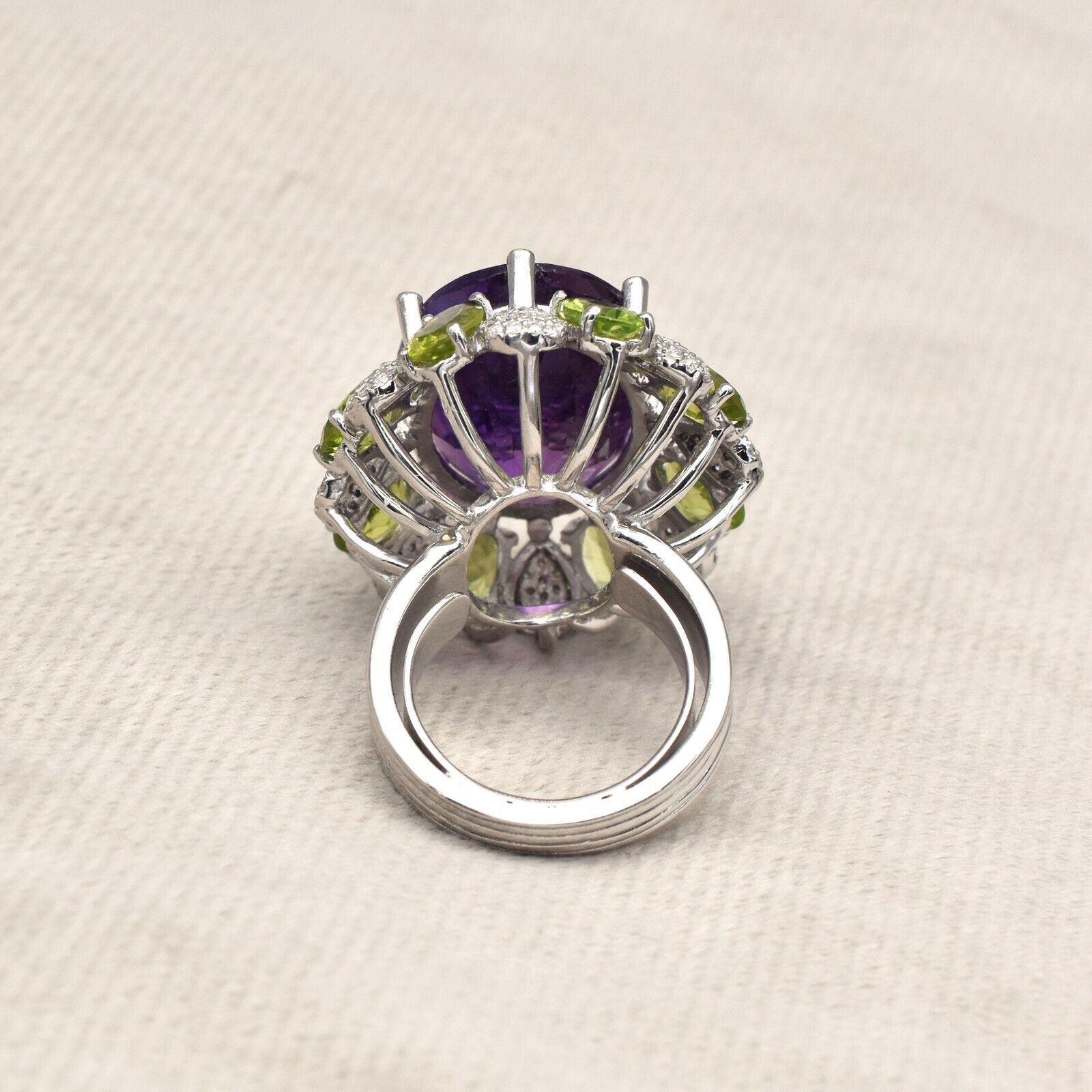Natural Amethyst Oval Green Peridot Moissanite Cut Sterling Silver Cocktail Ring