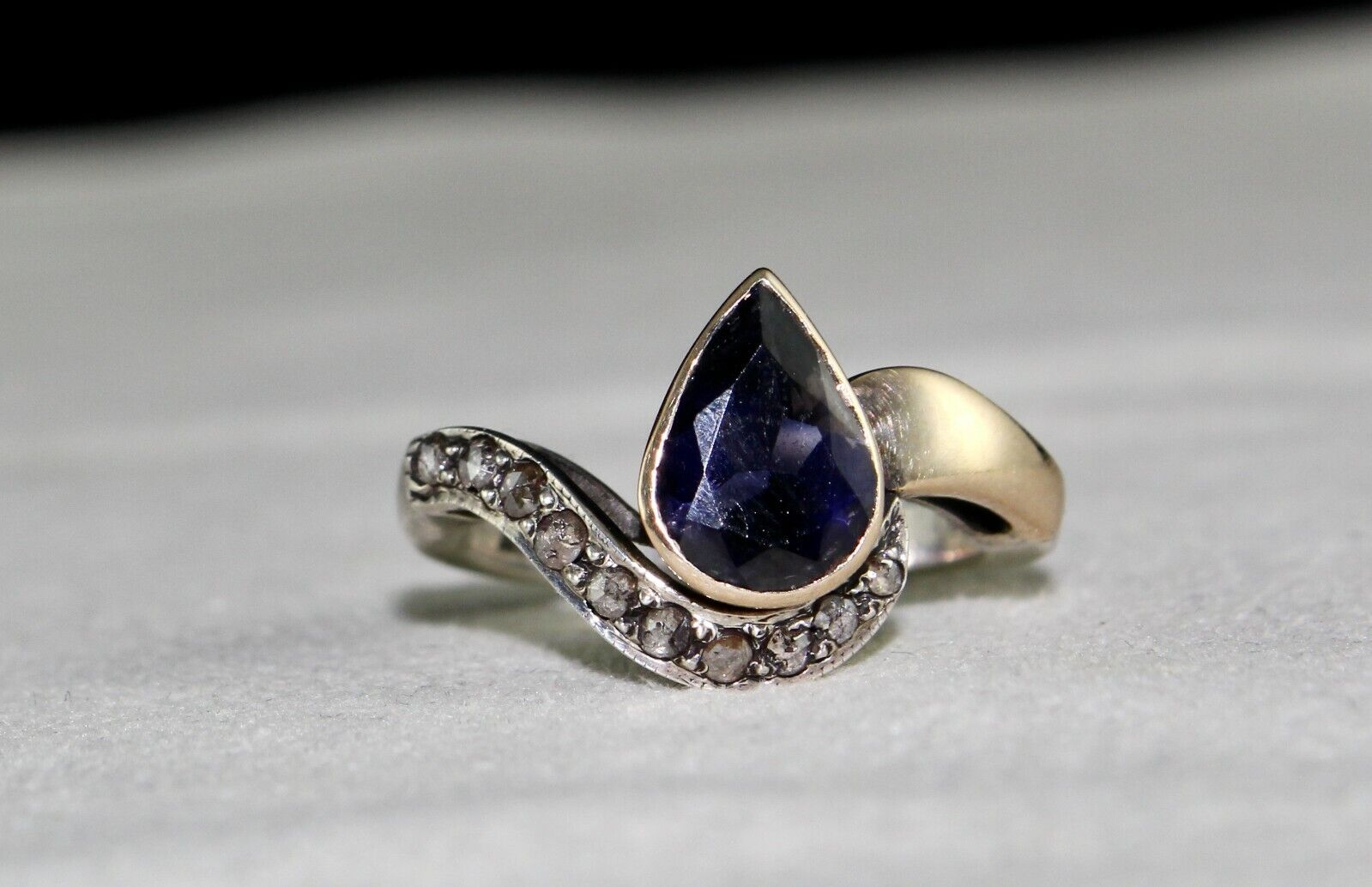OLD NATURAL BLUE IOLITE PEAR CUT DIAMOND 18K GOLD SILVER VICTORIAN WOMEN RING