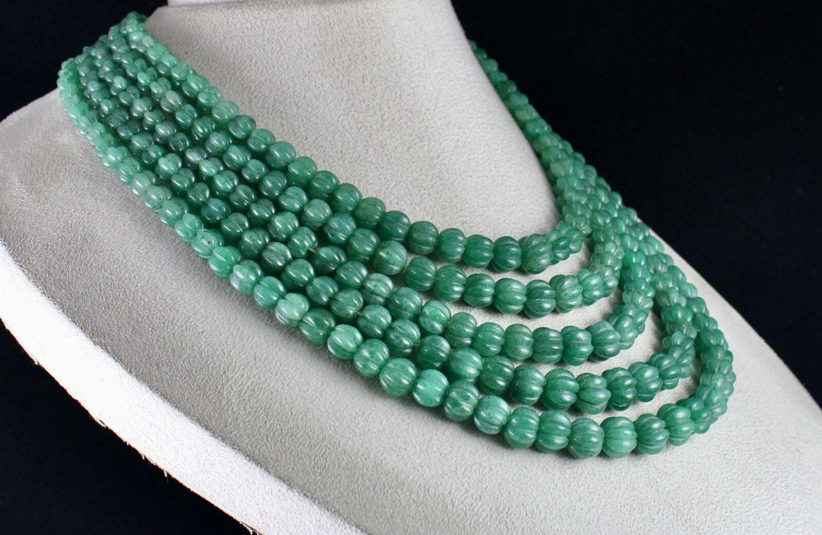 Natural Green Quartz Melon Beaded Necklace 1153 Ct 5 Line Old Carved Gemstone