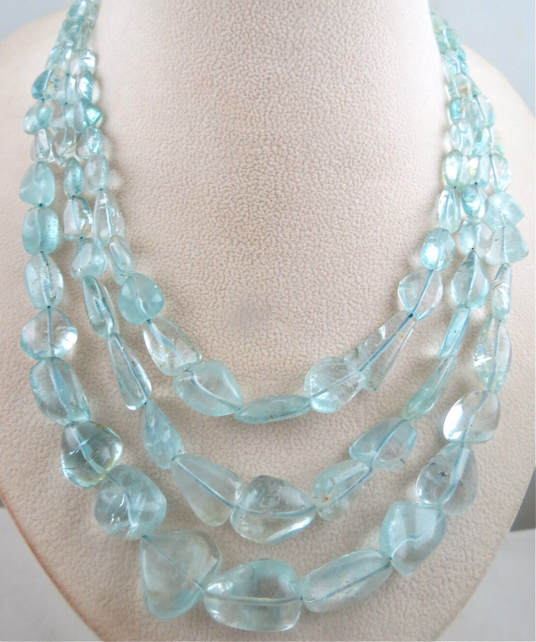 NATURAL BLUE TOPAZ BEADS TUMBLE 3 LINE 860 CARATS GEMSTONE BEADED FINE NECKLACE