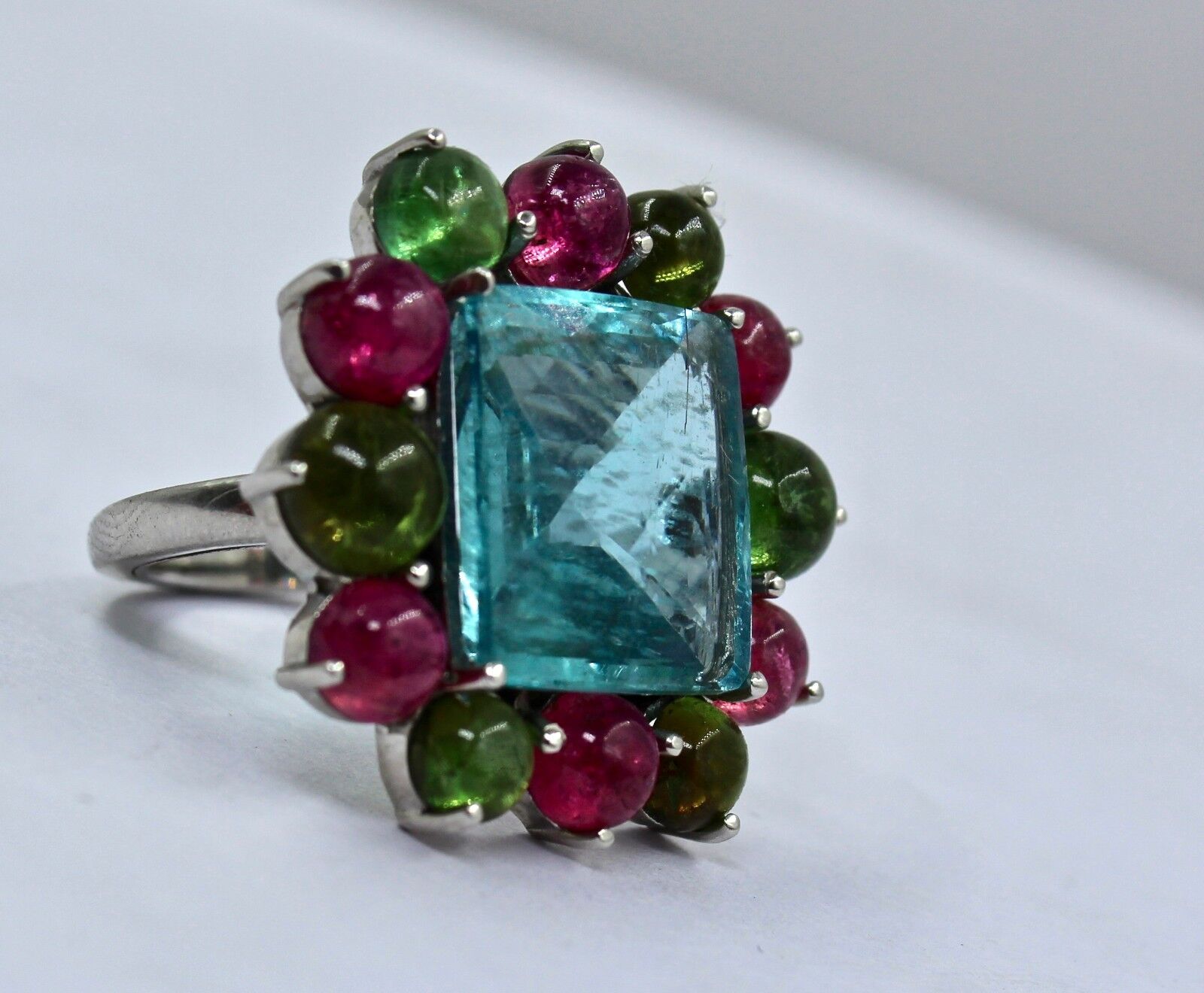 NATURAL AQUAMARINE SQUARE CUT MULTI TOURMALINE CABOCHON LADIES RING IN SILVER