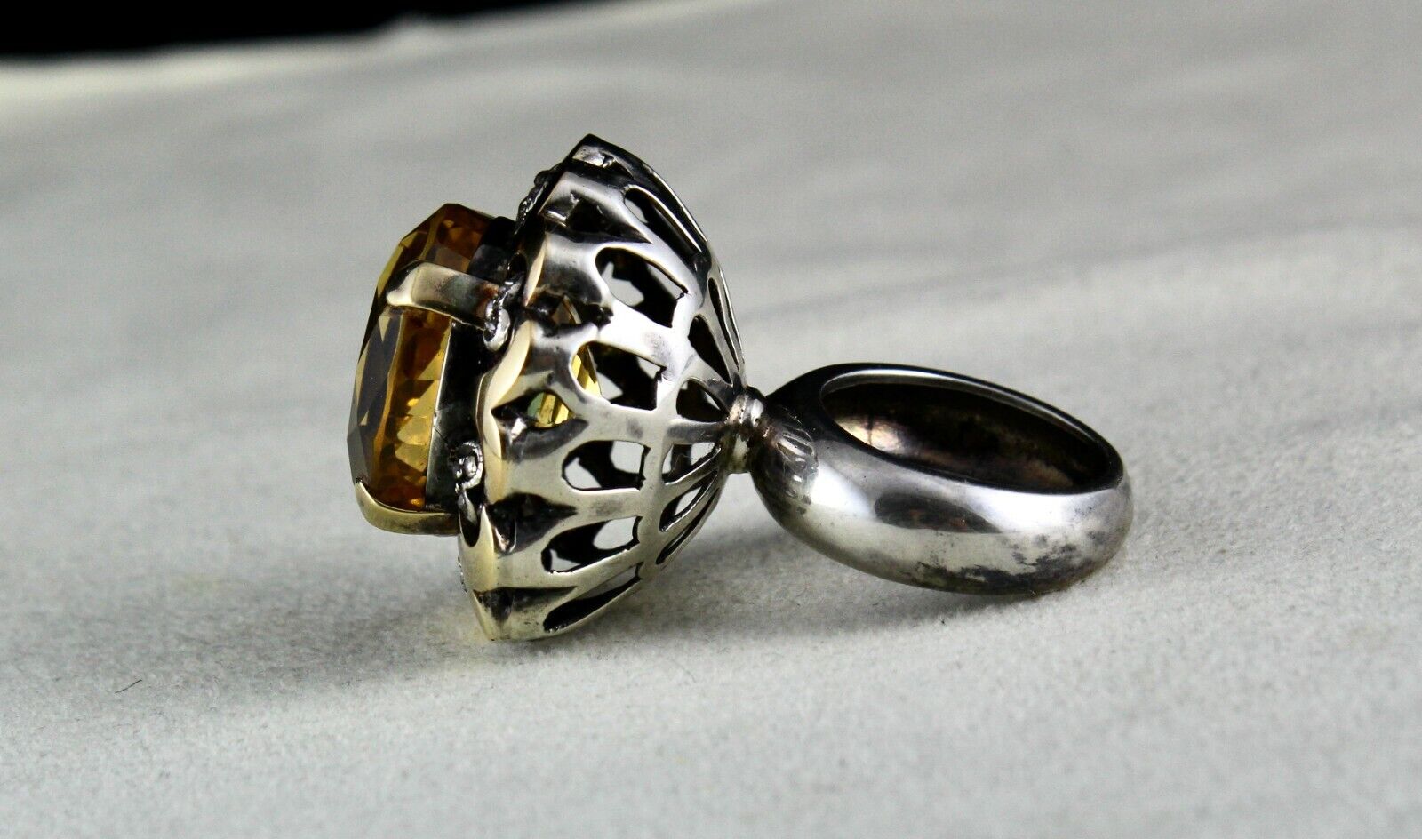 Antique Big Yellow Citrine Cut Diamond 18k Gold 925 Silver Ladies Victorian Ring