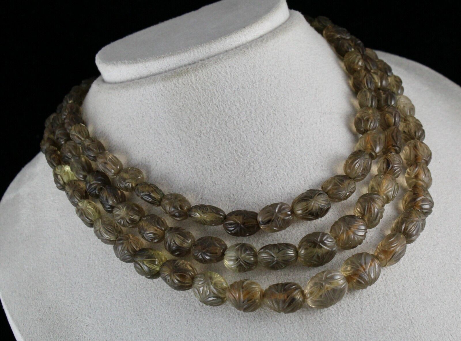 NATURAL SMOKY QUARTZ BEADS CARVED MELON 3 LINE 746 CARATS GEMSTONE NECKLACE