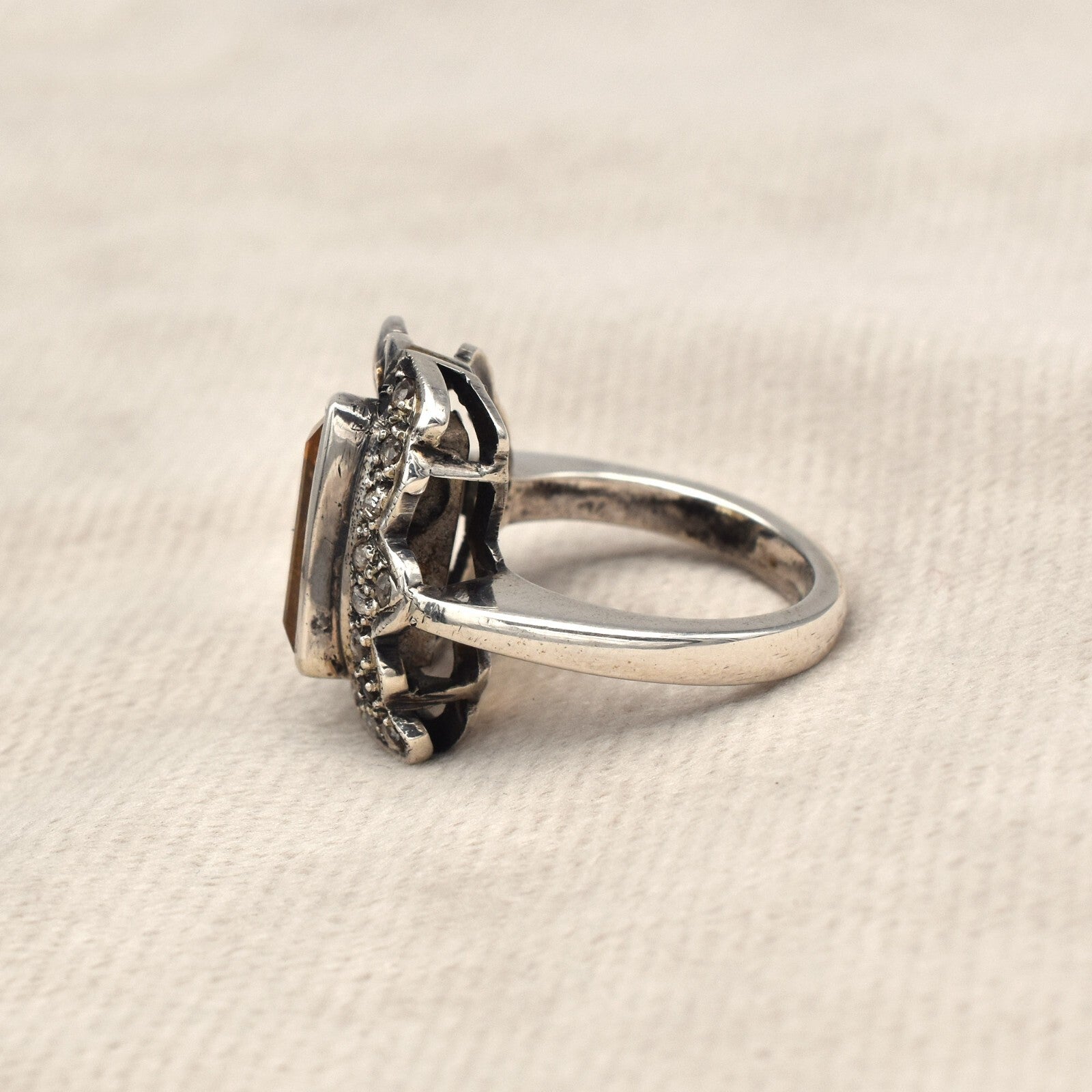 Vintage Natural Yellow Citrine 10ct Diamond 18k Gold Sterling Silver Ring