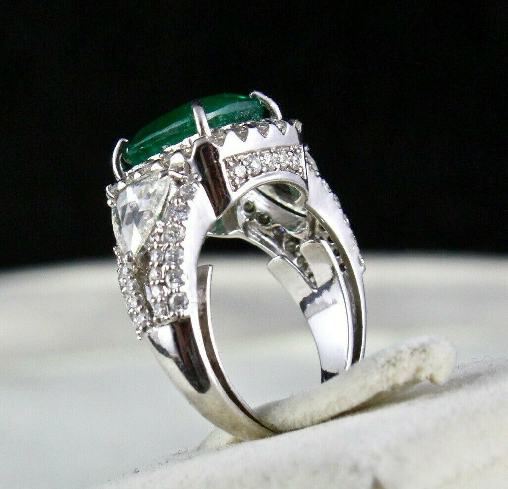 Certified Natural Zambia Emerald Cushion 4.87ct Natural Diamond 18k Gold Ring