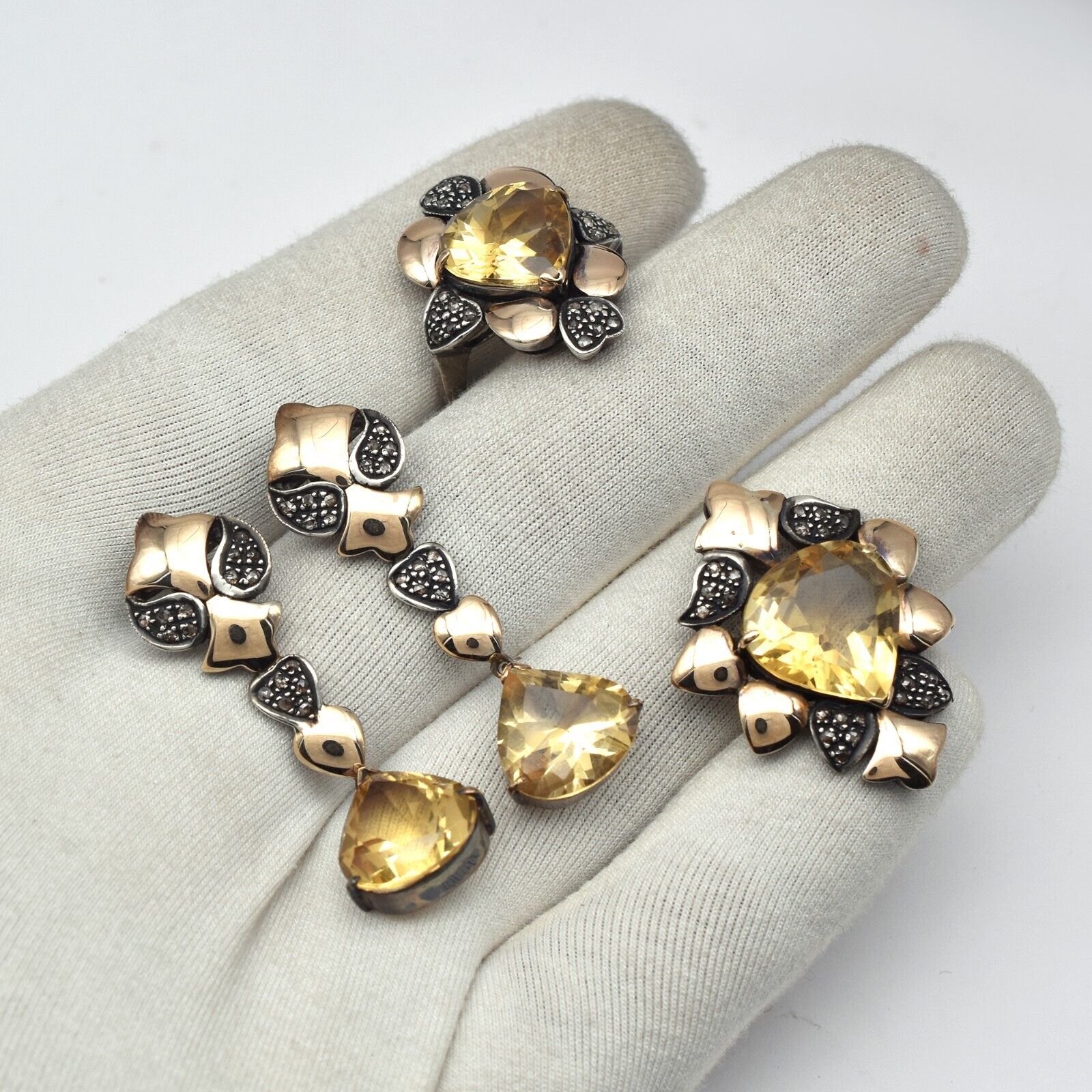 Natural Yellow Citrine Diamond 18K Gold 925 Silver Victorian Earring Pendant Set