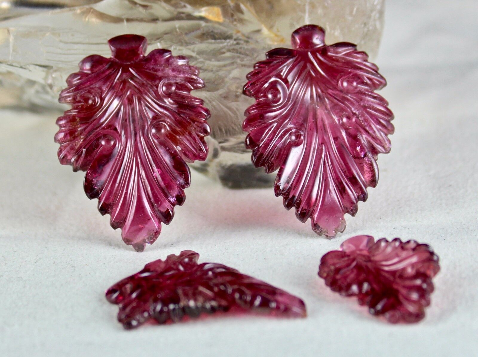 NATURAL PINK TOURMALINE CARVED LEAVES 4PCS 151 CTS GEMSTONE EARRING RING PENDANT