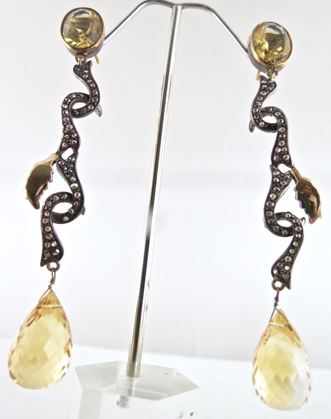 Old Antique Yellow Citrine Diamond 18K Gold 925 Silver Victorian Party Earring
