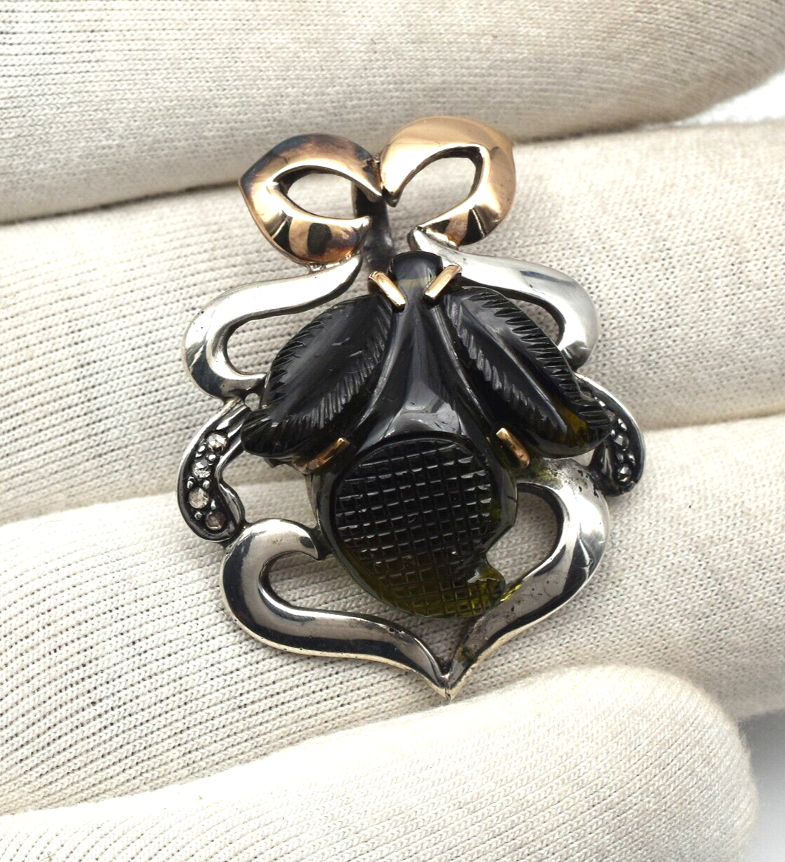 Natural Green Chrome Tourmaline Carved Diamond Silver 18K Gold Victorian Pendant