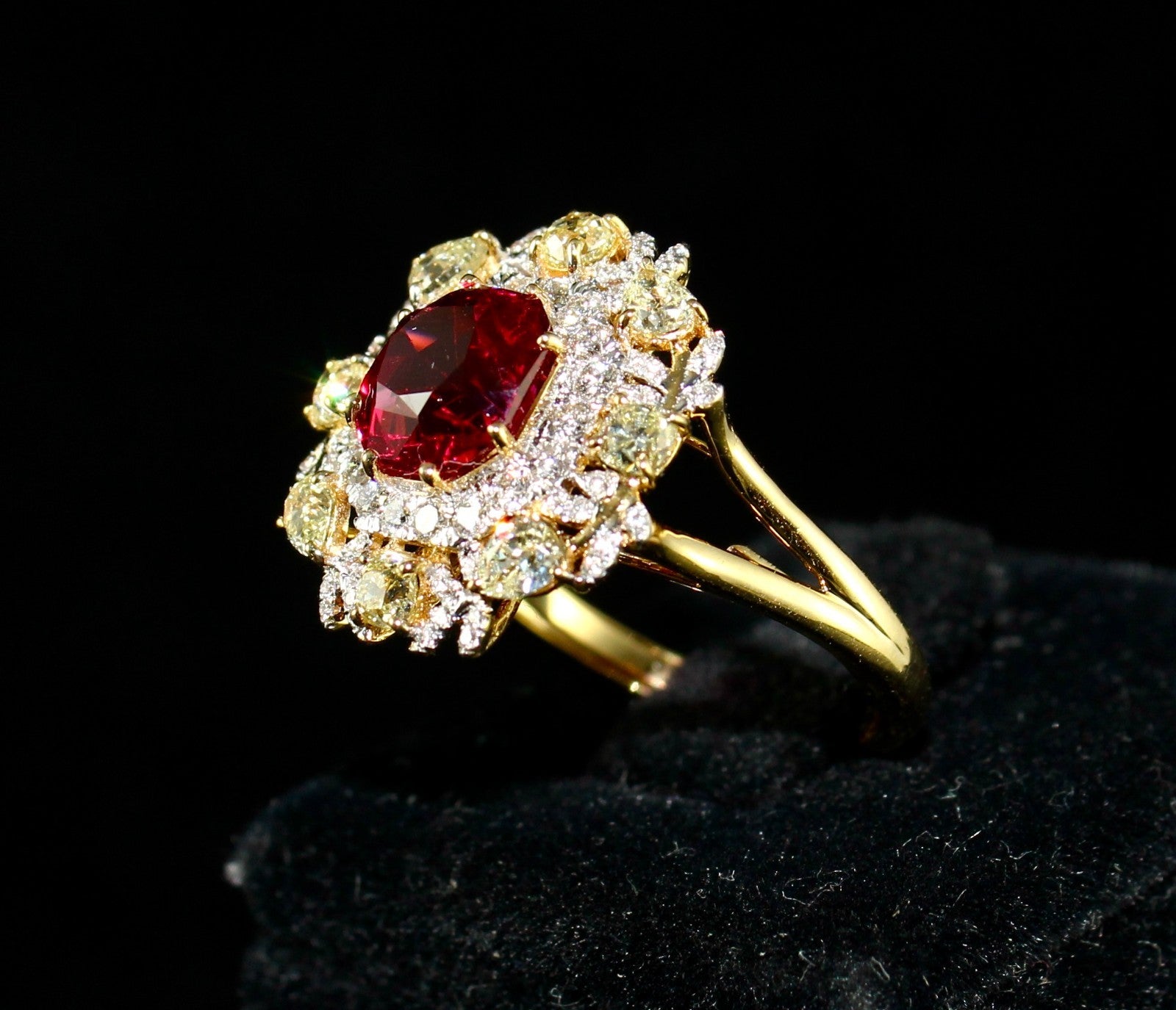 Certified Natural Red Spinel Ring Cut Diamond 18K Gold Statement Finest Jewelry