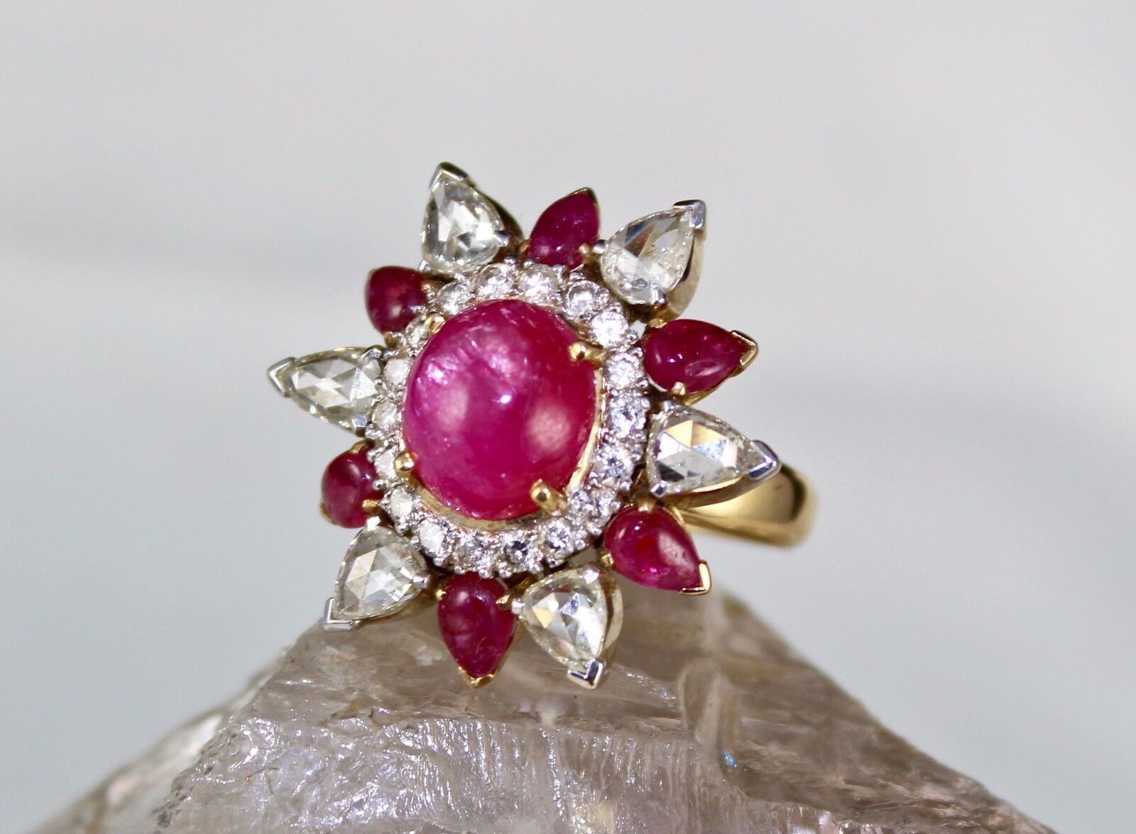 Natural Ruby Cabochon Rose Cut Diamond 18K Yellow Gold Unique Cocktail Ring