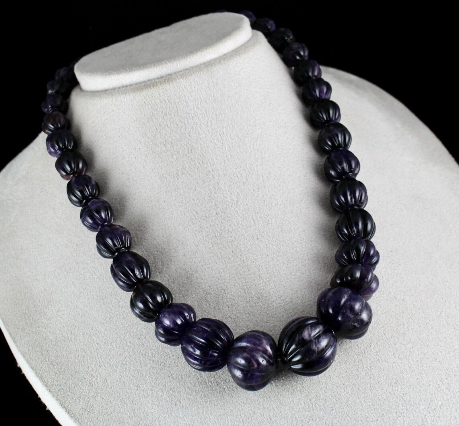 Natural Amethyst Carved Melon Bead 23mm 810 Cts Gemstone Silver Fashion Necklace
