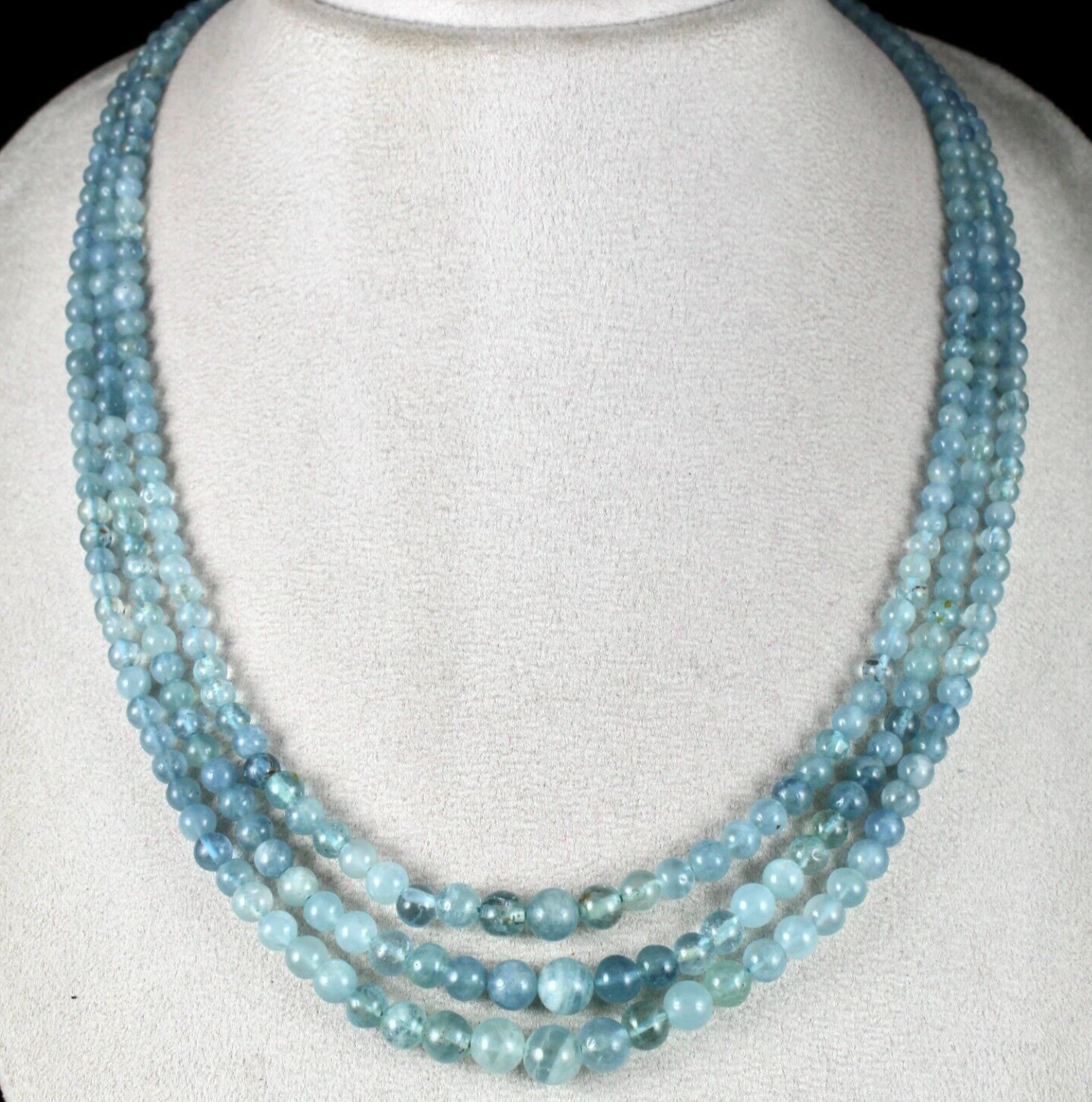 Natural Multi Aquamarine Round Beads Necklace 358 Ct 3 Line Gemstone