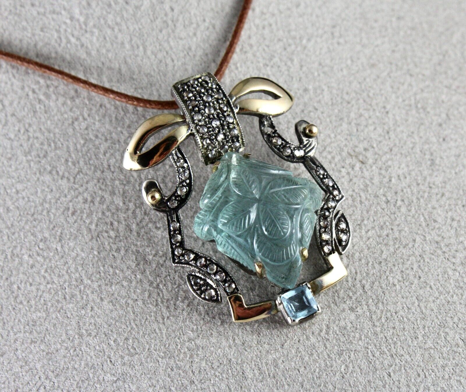 Natural Blue Aquamarine Carved Diamond 18K Gold 925 Silver Victorian Pendant