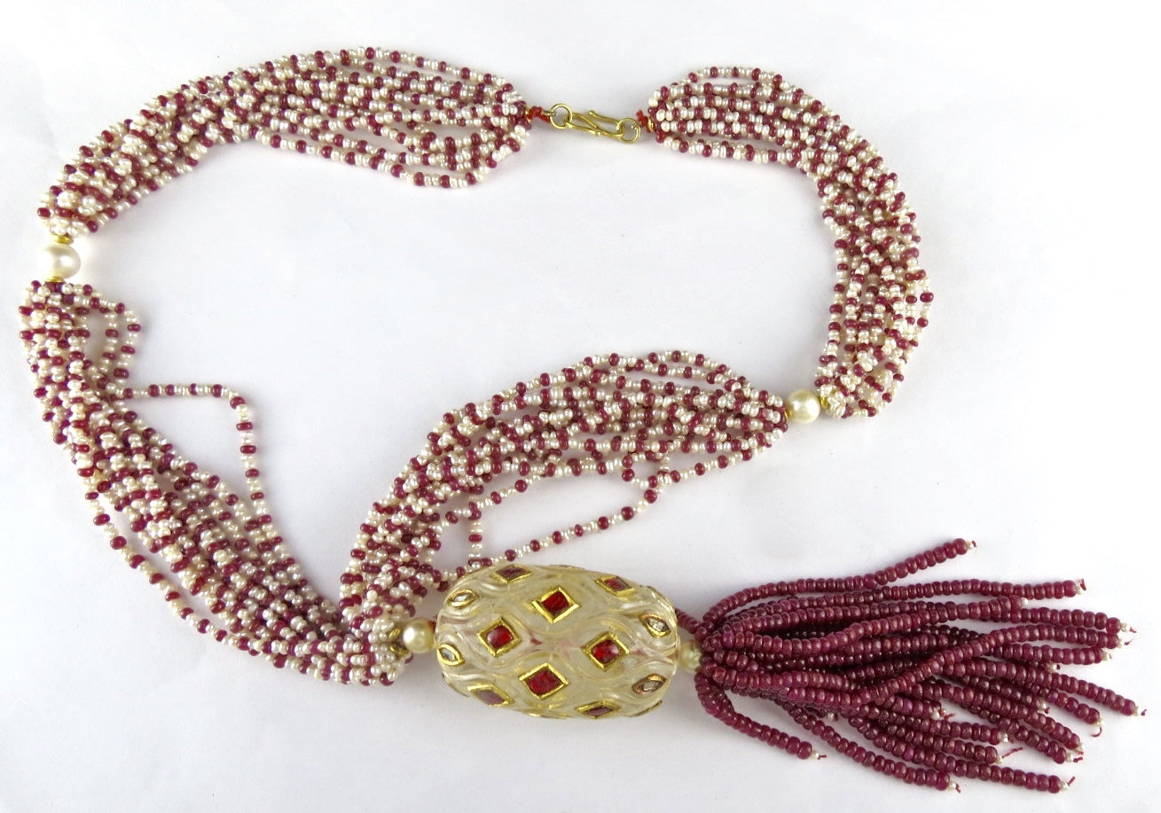 Antique Natural Rock Crystal Quartz 896ct 22k Gold Ruby Pearl Necklace Certified