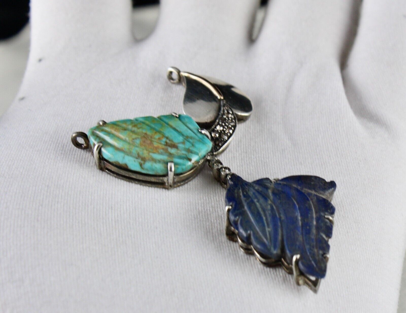 TURQUOISE LAPIS LAZULI CARVED LEAF DIAMOND VICTORIAN 925 SILVER & GOLD PENDANT