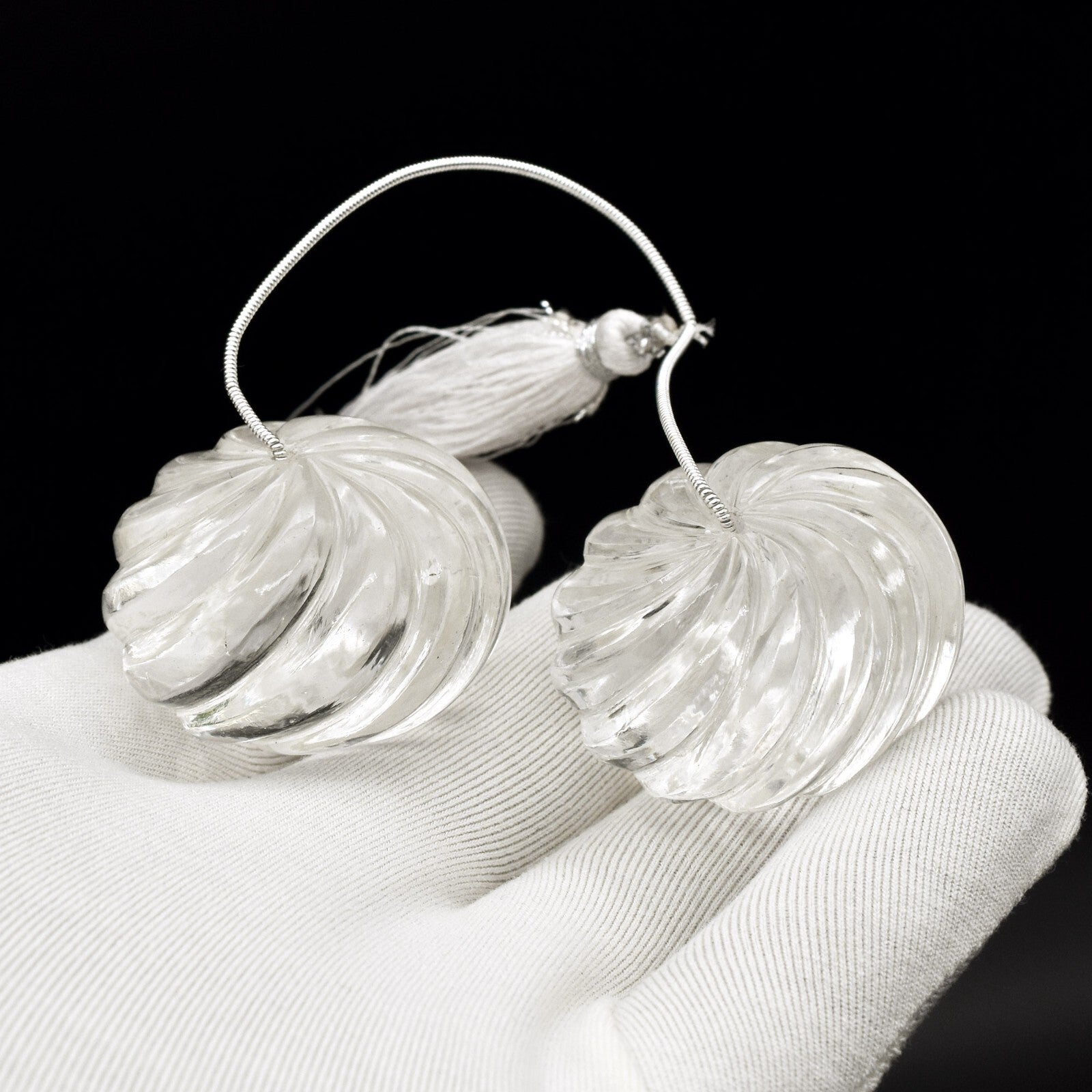 Natural Rock Crystal Quartz 495 Ct Engraved Bead Round Gemstone Designing 2 Pc