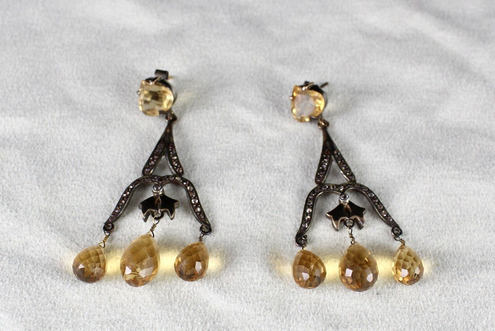 NATURAL CITRINE CUT DROPS DIAMOND 18K GOLD & 925 SILVER VICTORIAN ESTATE EARRING