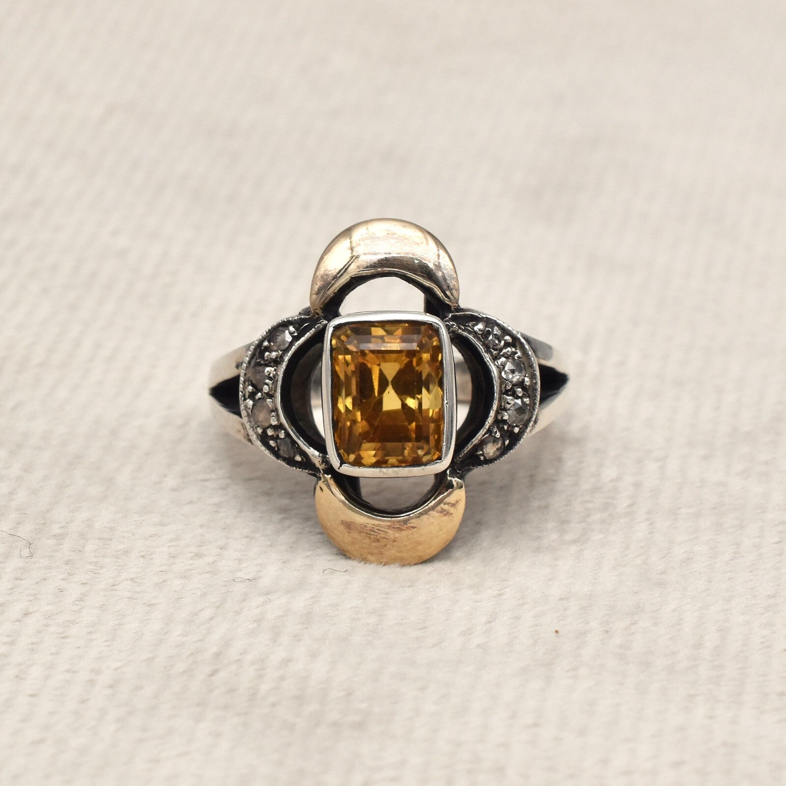 Antique Yellow Citrine 47ct Natural Diamond 18k Gold 925 Sterling Silver Ring