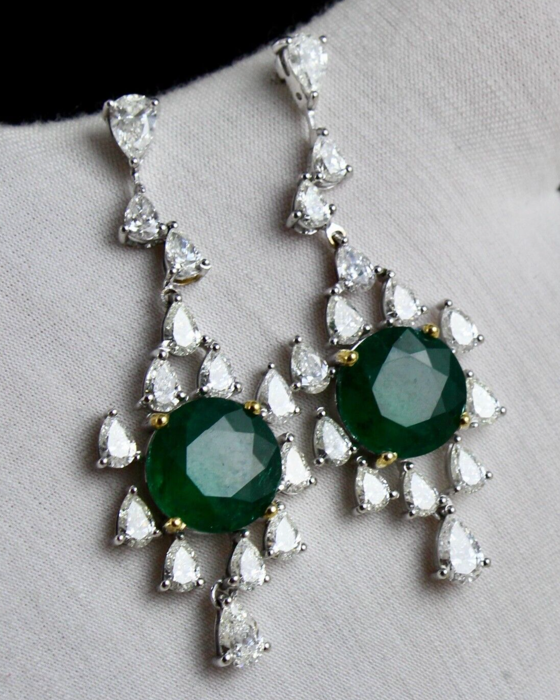 Natural Zambian Emerald Pair White Diamond Cut 18k Gold Dangle Important Earring