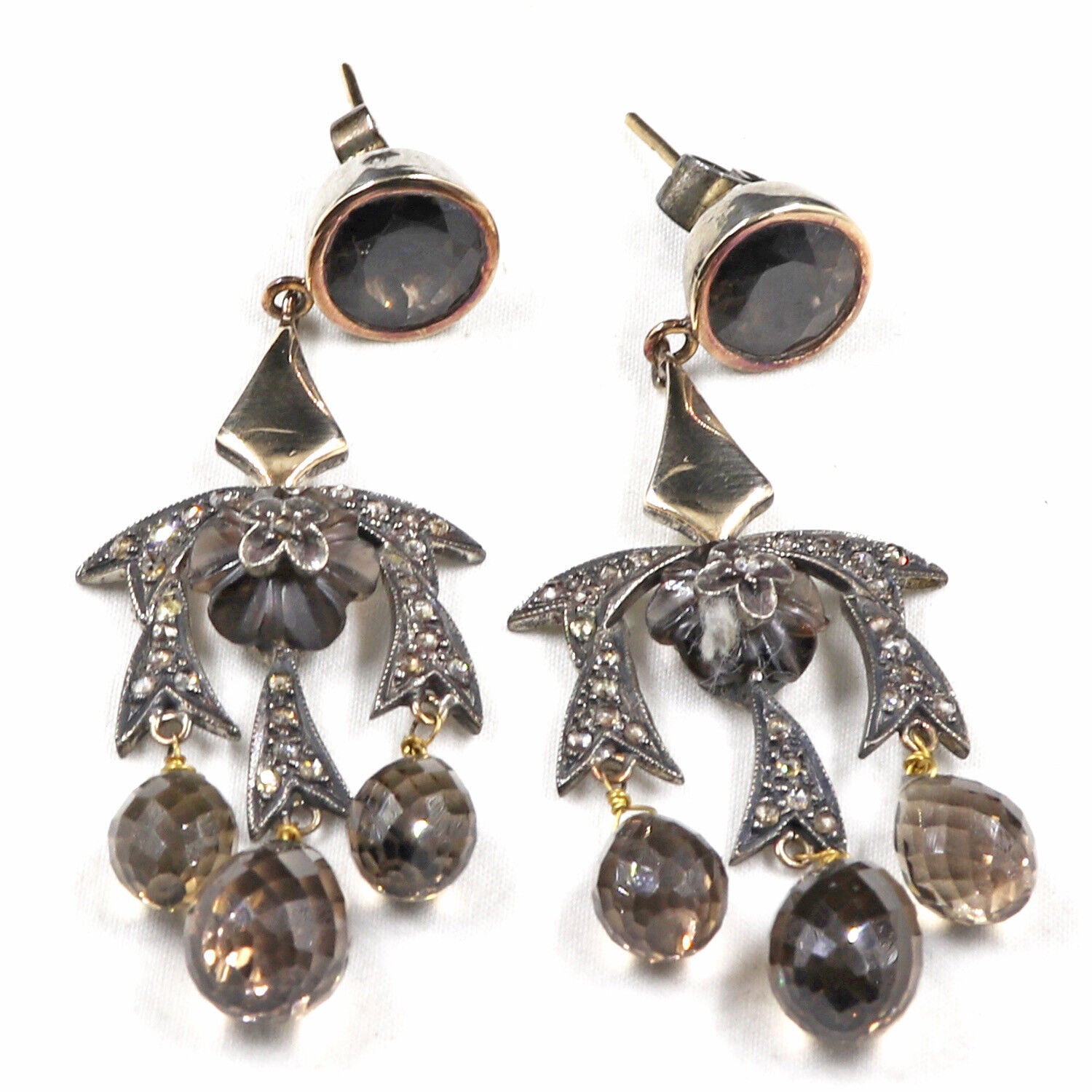 Vintage Natural Smoky Quartz Teardrops Diamond 18K Gold Silver Victorian Earring