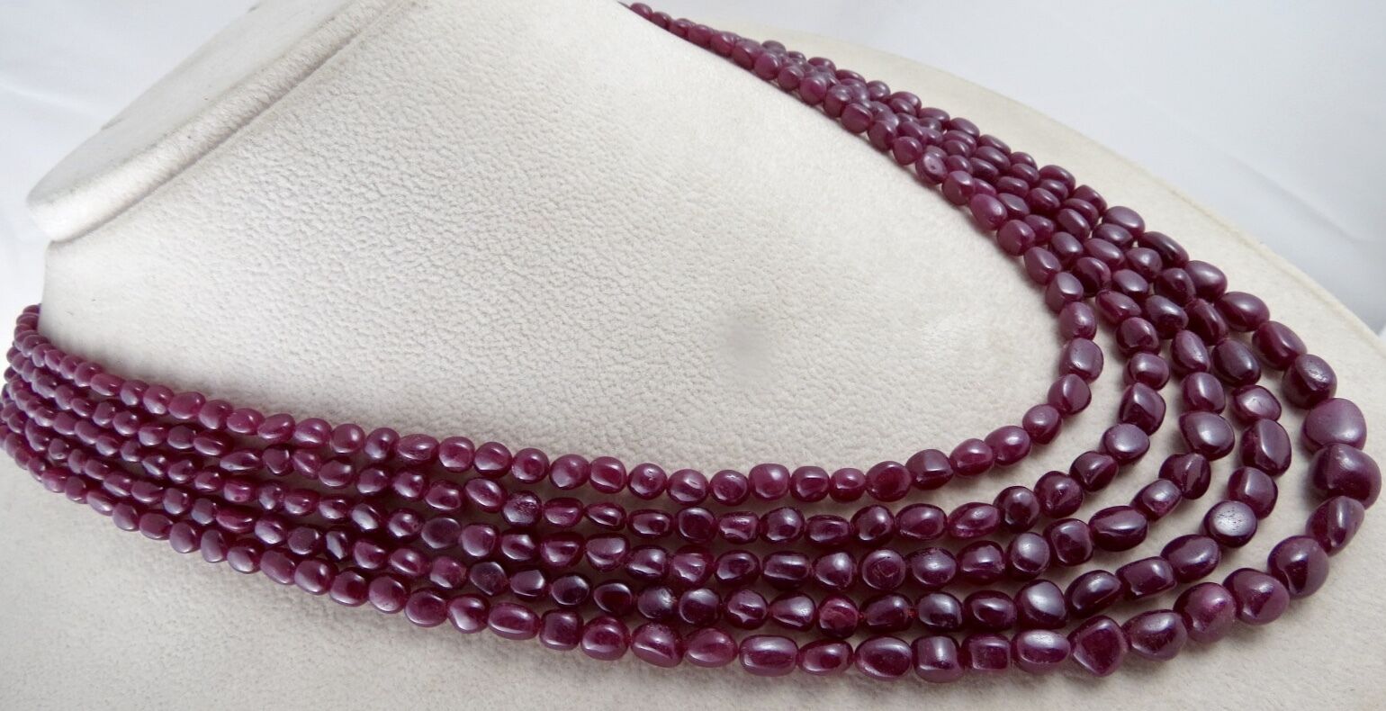 NATURAL RUBY BEADS LONG 5 LINE 540 CARATS PRECIOUS GEMSTONE NECKLACE FOR LADIES