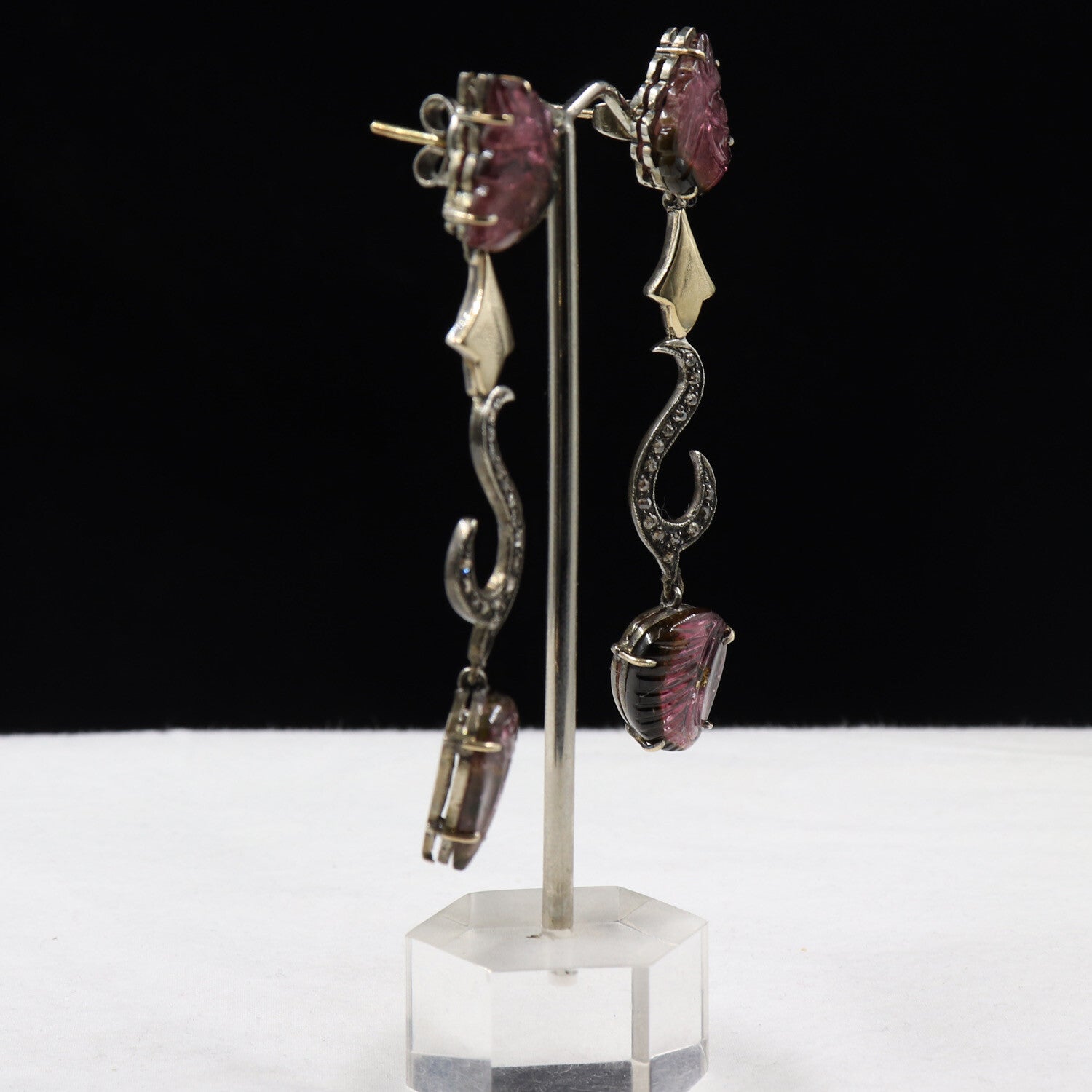 Bi Color Tourmaline 73ct Natural Diamond 18k Gold 925 Silver Victorian Earrings