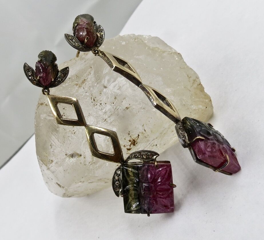 NATURAL MULTI TOURMALINE GEMSTONE DIAMOND 18K GOLD 925 SILVER VICTORIAN EARRING