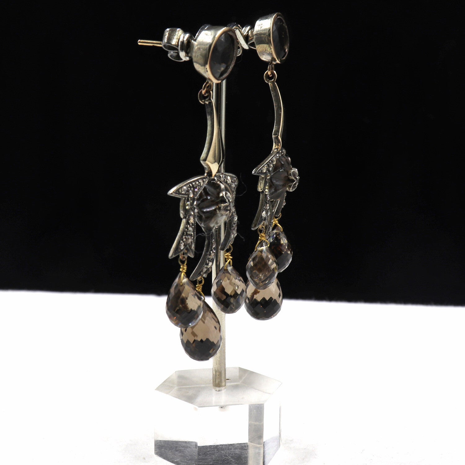 Vintage 10ct Smoky Quartz Teardrop Natural Diamond 18k Gold Victorian Earrings