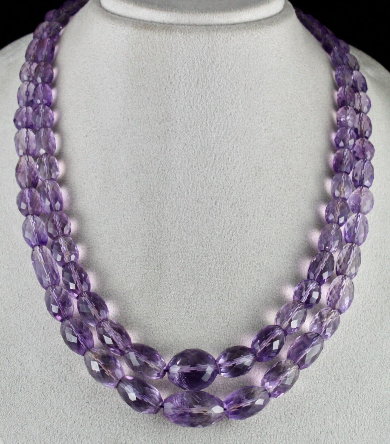 NATURAL AMETHYST BEADS OVAL FACETED 2 LINE 843 CARATS GEMSTONE FASHION NECKLACE