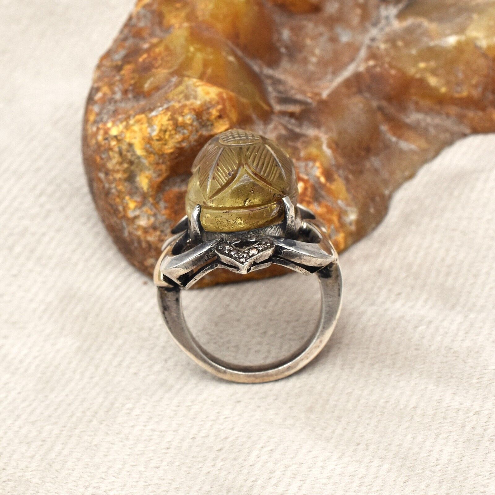 Antique Lemon Quartz Carved Diamond 18k Gold 925 Silver Ladies Victorian Ring